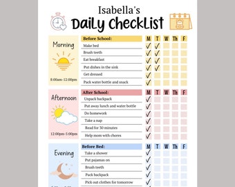 Kids Daily School Checklist Schedule Printable, Editable Chore Chart, Daily Routine Responsibility Chart, Homeschool Planner To Do List