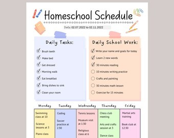 Horaire de l'école à la maison, planificateur de l'école à la maison imprimable, horaire quotidien de l'école à la maison pour enfants modifiable, planificateur de cours imprimable préscolaire PDF