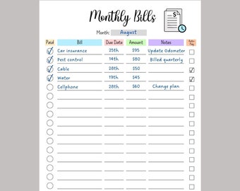 Editable Monthly Bill Tracker, Monthly Bill Log, Bill Planner, Bill Payment Checklist Tracker, Printable Bill Pay Organizer, Bill Management