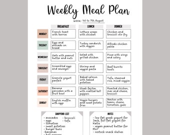 Printable Weekly Meal Planner, Minimalist Menu Planner, Editable Weekly Meal Plan, Family Meals Grocery List, Shopping List Digital PDF