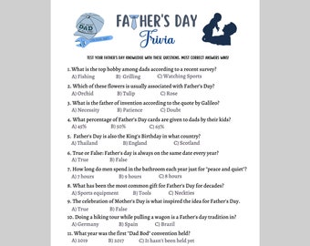 Father's Day Trivia Game Printable, Fathers Day Ideas, Fun Party Games, Activity For Kids & Adults, Family Group Game, Classroom Game