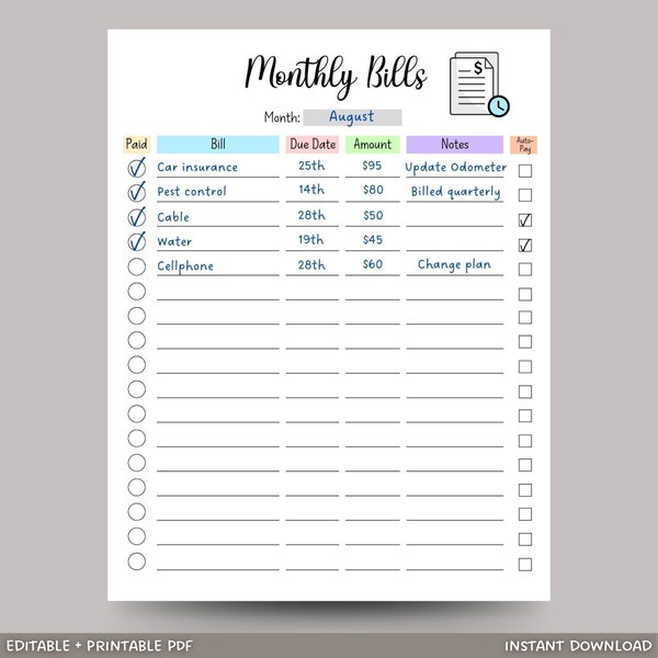 Editable Monthly Bill Tracker, Monthly Bill Log, Bill Planner, Bill Payment Checklist Tracker, Printable Bill Pay Organizer, Bill Management