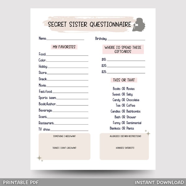 Secret Sister Questionnaire Printable, All About Me Survey, Gift Exchange Idea, Favorite Things Quiz Church, Work, Sorority, Womens Ministry