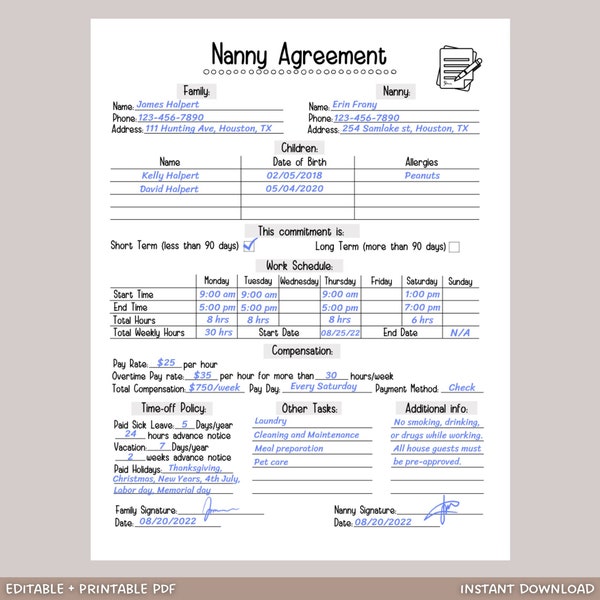 Nanny Agreement Worksheet Editable, Printable Nanny Contract, Fillable PDF Template, One Page Nanny and Family Agreement, Babysitter Form