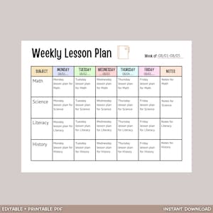 Weekly Lesson Plan Printable, Editable Weekly School Schedule, Simple Weekly Lesson Planner, Lesson Plan Sheet, Homeschool Weekly Planner image 1