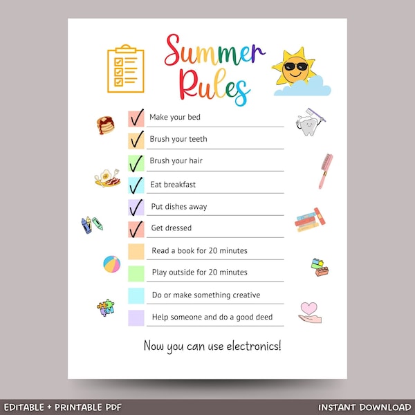 Editable Summer Rules, Printable Daily Checklist, Daily Routine Responsibility Chart, Minimalistic Chore Chart PDF, Summer Chore List Kids