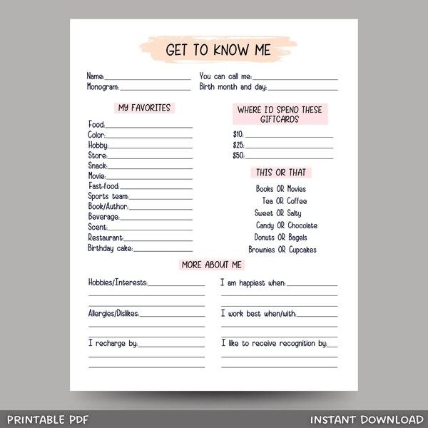 Coworker Questions Printable, All About Me Employee Questionnaire, Employee Favorites List, Employee Appreciation, Gift Exchange Team Survey