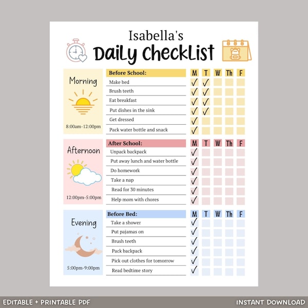 Horario de la lista de verificación escolar diaria para niños imprimible, gráfico de tareas editables, gráfico de responsabilidad de rutina diaria, lista de tareas pendientes del planificador de educación en el hogar