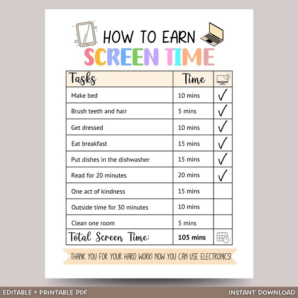 Screen Time Chart Checklist, Editable Printable Screen Time Chore Chart, Daily Screen Time Schedule, Summer Checklist, Screen Time Tracker