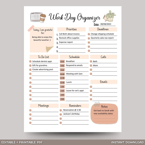 Work Day Organizer Editable Fillable, Printable Work Planner, Daily Planner, To Do List, Digital Productivity Planner, Daily Schedule Work