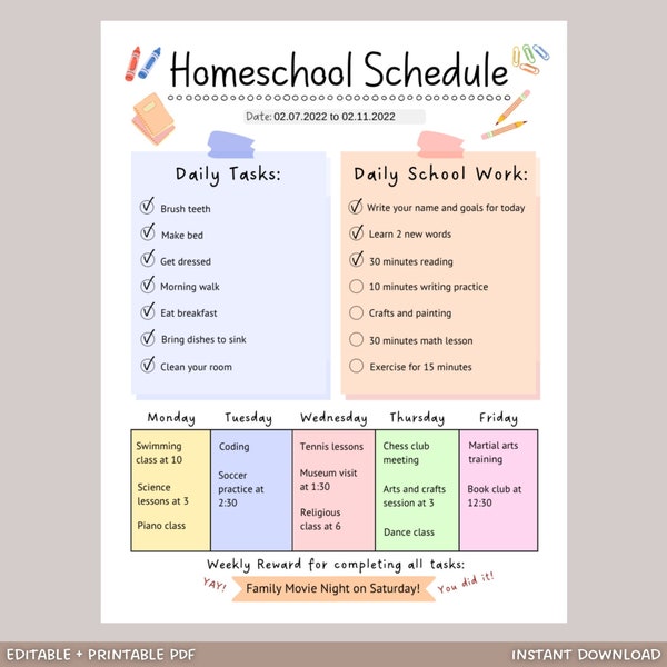 Homeschool Schedule, Homeschool Planner Printable, Homeschool Daily Schedule Kids Editable, Preschool Printable Lesson Planner PDF