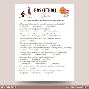 Basketball Trivia Game Printable, Basketball Tailgate Party Game, Activity for Adults And Kids, True or False Game, Classroom Games