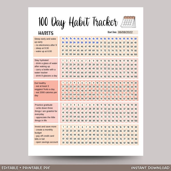 Gewoontetracker bewerkbaar en afdrukbaar, dagelijkse gewoontegrafiek, doelplanner, 100 dagen gewoontelogboek, routinetrackergewoonten PDF, doeltrackeruitdaging