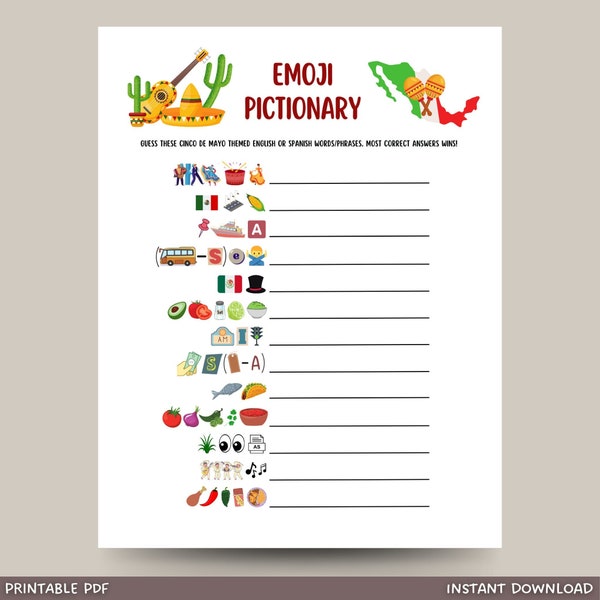 Cinco de Mayo Emoji Pictionary Game Printable, Fun Mexican Party Game Adults & Kids, Work Office Party, Family Fiesta Game, Classroom Game