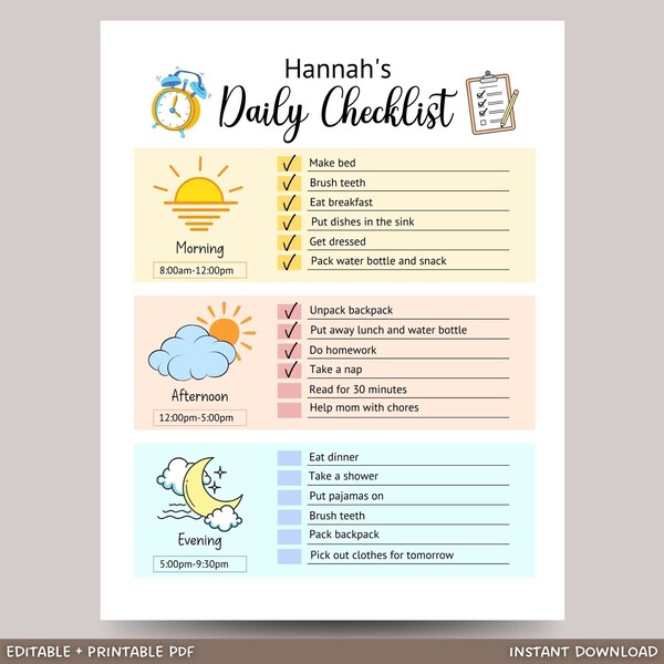 Daily Checklist Chore Chart Kids, Daily Routine Printable, Kids To Do List Editable, Daily Schedule, Responsibility Chart Homeschool Planner