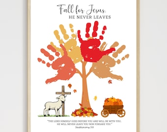 Fall For Jesus Christian Handprint Art Printable, Autumn Tree Craft Toddler Kids Preschool Sunday School Church Daycare Baby Infant Activity