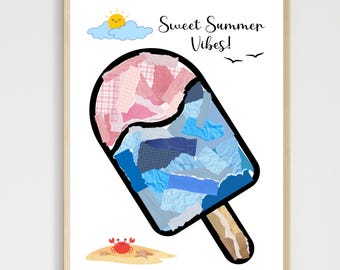Manualidades de papel rasgado con temática de verano para imprimir, arte de helado DIY para niños pequeños, bebés, niños pequeños, página para colorear, guardería, preescolar, actividad de guardería