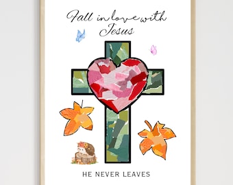 Fall Torn Paper Jesus Cross Craft Printable for Kids, DIY Bible Christian Sunday School Art Preschool Autumn Activity Homeschool Keepsake