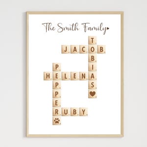Custom Family Name Sign Printable, Personalized Crossword Scrabble Letter Tile Puzzle for Her Wife Mom Dad Grandma Anniversary Birthday Gift