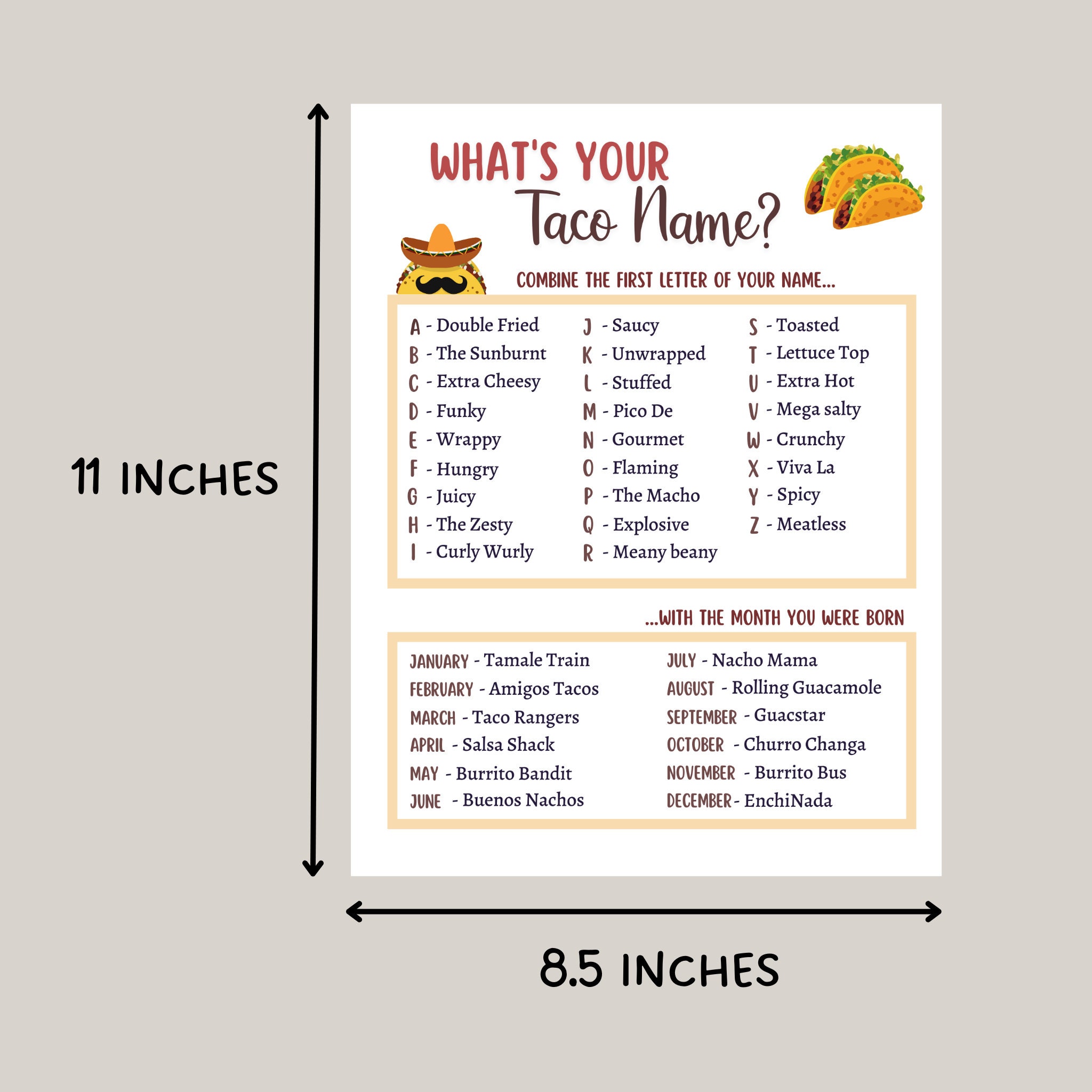 What's Your Taco Name Printable, Cinco De Mayo Party Game, Mexican ...