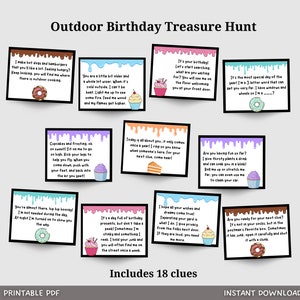 Caça ao tesouro de aniversário ao ar livre para crianças, pistas de caça ao tesouro de aniversário, jogos para imprimir de aniversário, jogos de aniversário ao ar livre, download instantâneo