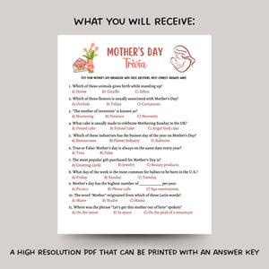 May include: A printable Mother's Day trivia game with 11 questions. The game features a pink and green floral design and a cartoon illustration of a mother and child. The text "Mother's Day Trivia" is at the top of the page.