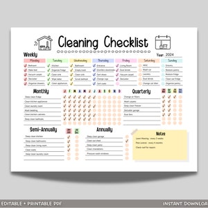 Bewerkbaar schoonmaakschema afdrukbaar, digitale schoonmaakplanner, wekelijks maandelijks jaarlijkse schoonmaakchecklist, huishoudelijke takenlijst eenvoudige pdf