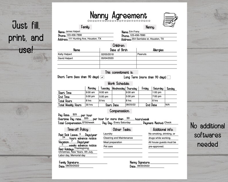 Nanny Agreement Worksheet Editable Printable Nanny Contract - Etsy