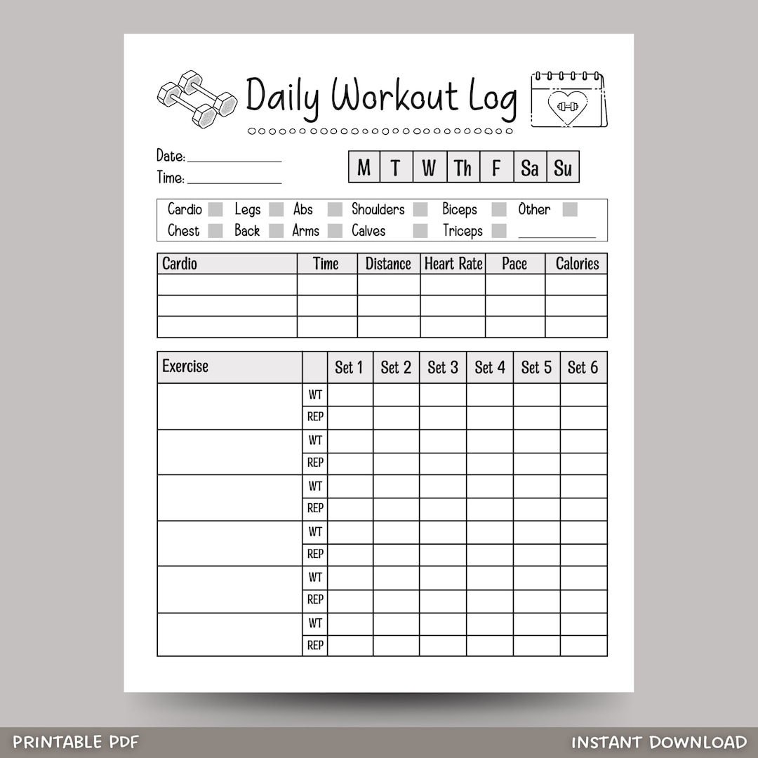 Daily Workout Log Printable Exercise Planner, Fitness Planner Journal ...