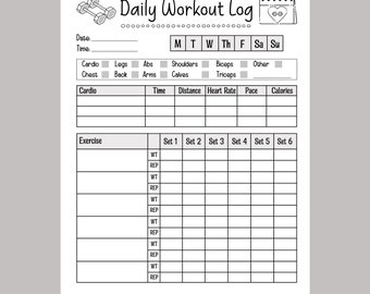 Daily Workout Log Printable Exercise Planner, Fitness Planner Journal, Workout Tracker, Exercise Log Fitness Tracker, Gym Training Log PDF