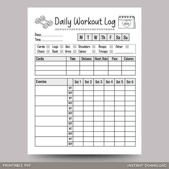 Daily Workout Log Printable Exercise Planner Fitness Planner
