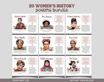 May include: A set of 20 printable posters featuring women in history. Each poster includes a portrait of a woman, her name, and a quote. The posters are in a pink and white color scheme with a pink heart design.