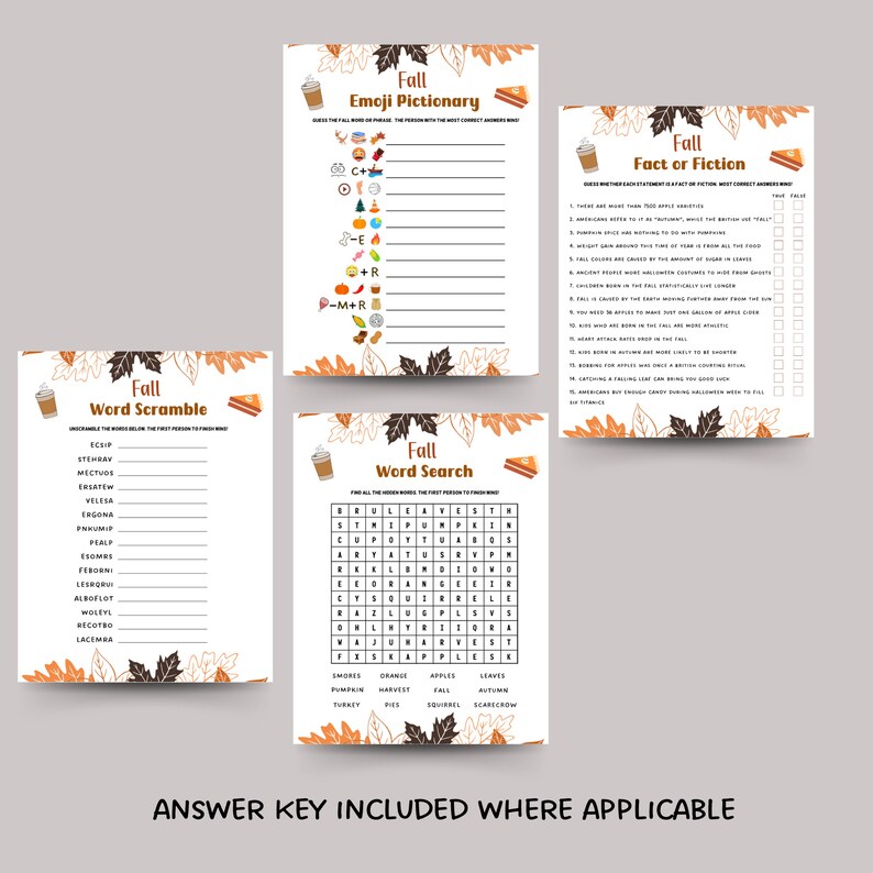 Fall Games Bundle Printable, Fun Autumn Games, Fall Activity Adults ...