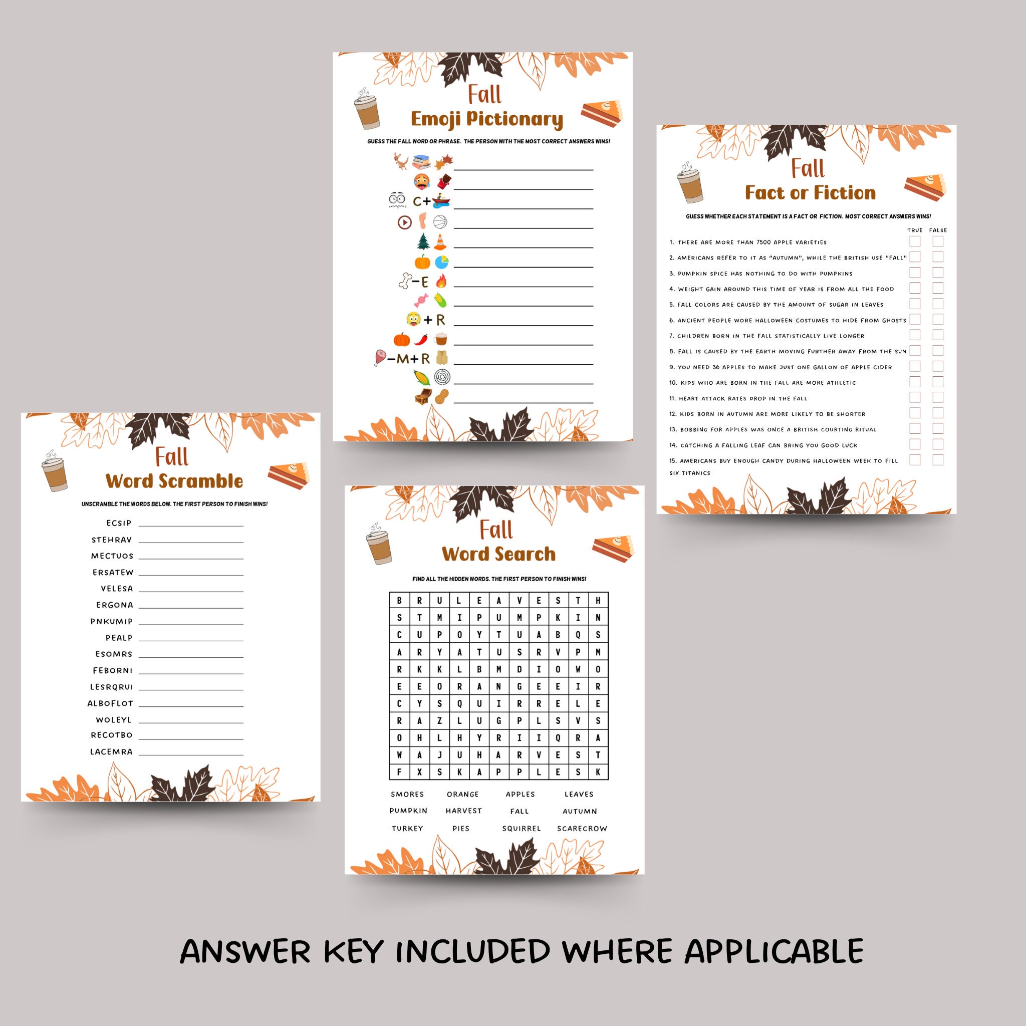 Fall Games Bundle Printable, Fun Autumn Games, Fall Activity Adults ...