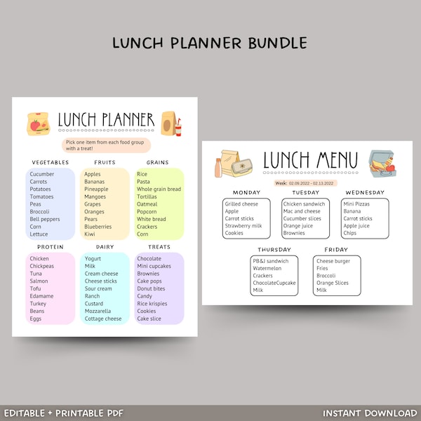 School Lunch Meal Planner Printable, Editable Lunch Menu Kids, Weekly Menu Planner Chart, Kids Lunch Planner, Healthy School Lunch Ideas