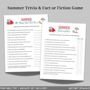 Summer Trivia Game Printable, Pool Party Games, Summer Camp Fact or Fiction Activity, Fun Beach Games for Kids, Summer Break Vacation Ideas