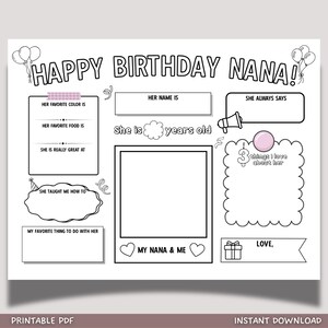 Feliz aniversário, Nana, página para colorir, para imprimir, faça você mesmo, presente personalizado de crianças, tudo sobre a vovó, cartão, folha de atividade, questionário, lembrança