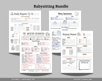 May include: Printable babysitting bundle with forms for daily reports, nanny agreements, and notes. The forms are black and white with hand-drawn illustrations.