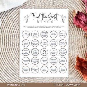 Juego de bingo para encontrar invitados para imprimir, juego de despedida de soltera, despedida de soltera, ideas minimalistas para despedidas de soltera, divertidas tarjetas para juegos para romper el hielo