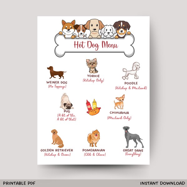 Hot Dog Bar Menu Sign Printable, Puppy Birthday Party, Puppy Adoption Party, Hot Dog Menu Sign, Dog Birthday Party, Pawty Decorations