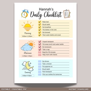 Daily Checklist Chore Chart Kids, Daily Routine Printable, Kids To Do List Editable, Daily Schedule, Responsibility Chart Homeschool Planner