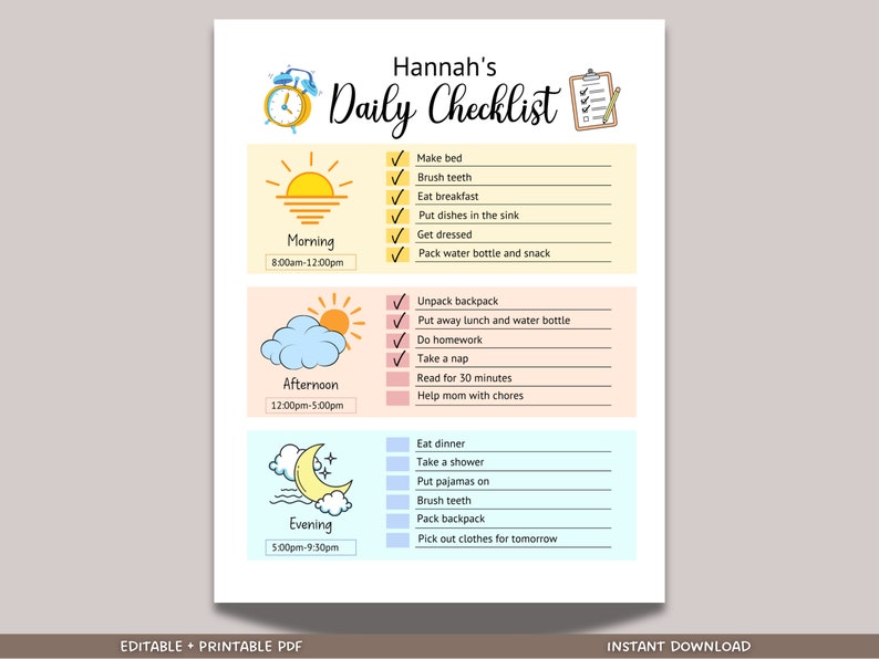 This personalized daily routine chore chart/ checklist for kids is an editable, printable PDF and instant digital download. It is perfect for to teach kids responsibilities and an easy way to keep track of their daily chores!