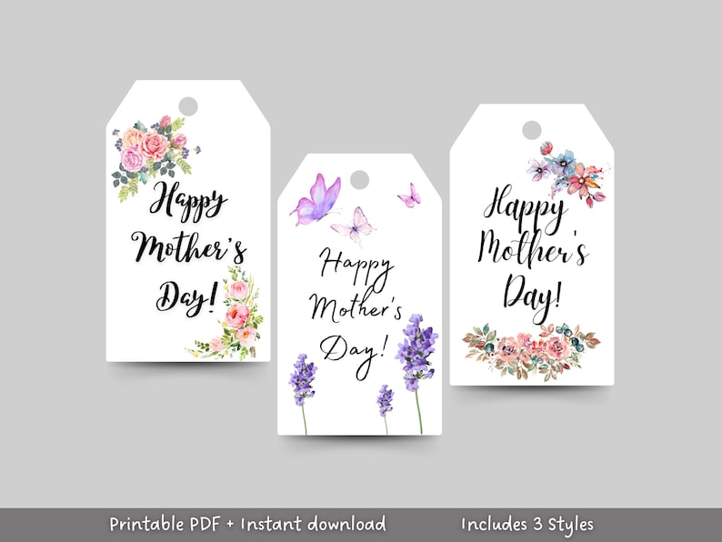 These Happy Mothers Day Gift Tags are an instant download! There are 3 different floral designs which add a perfect finishing touch to your special and thoughtful gift for mom! Just download, print, use a hole punch to put a ribbon in and gift away!