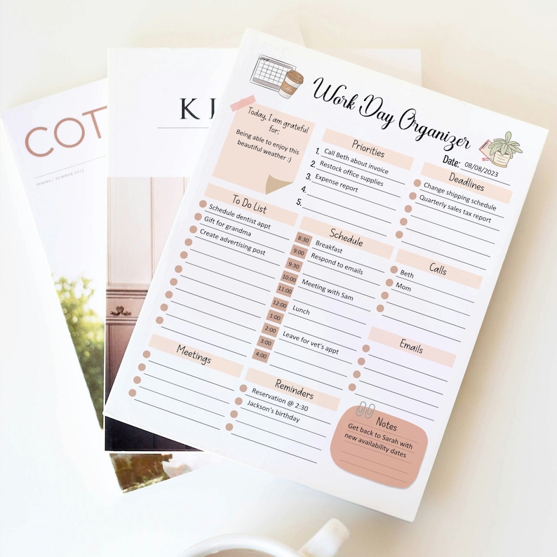 May include: A printable work day organiser with sections for priorities, deadlines, schedule, calls, emails, meetings, reminders, and notes. The organiser is designed with a light pink and brown colour scheme.