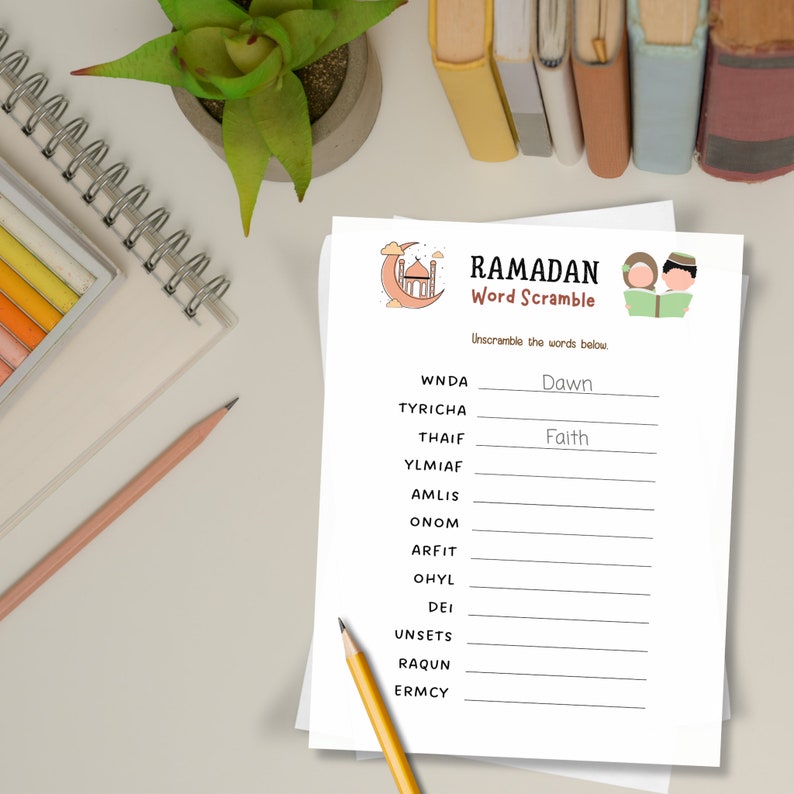 May include: A printable Ramadan word scramble game with a crescent moon and mosque illustration. Unscramble the words below: Dawn, WNDA, TYRICHA, THAIF, YLMIAF, AMLIS, ONOM, ARFIT, OHYL, DEI, UNSETS, RAQUN, ERMCY, Faith.