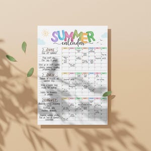 May include: A colorful summer calendar with the word "SUMMER" in rainbow lettering. The calendar includes dates for June, July, and August, with various activities listed such as "Flag craft day" and "Trip to Florida".