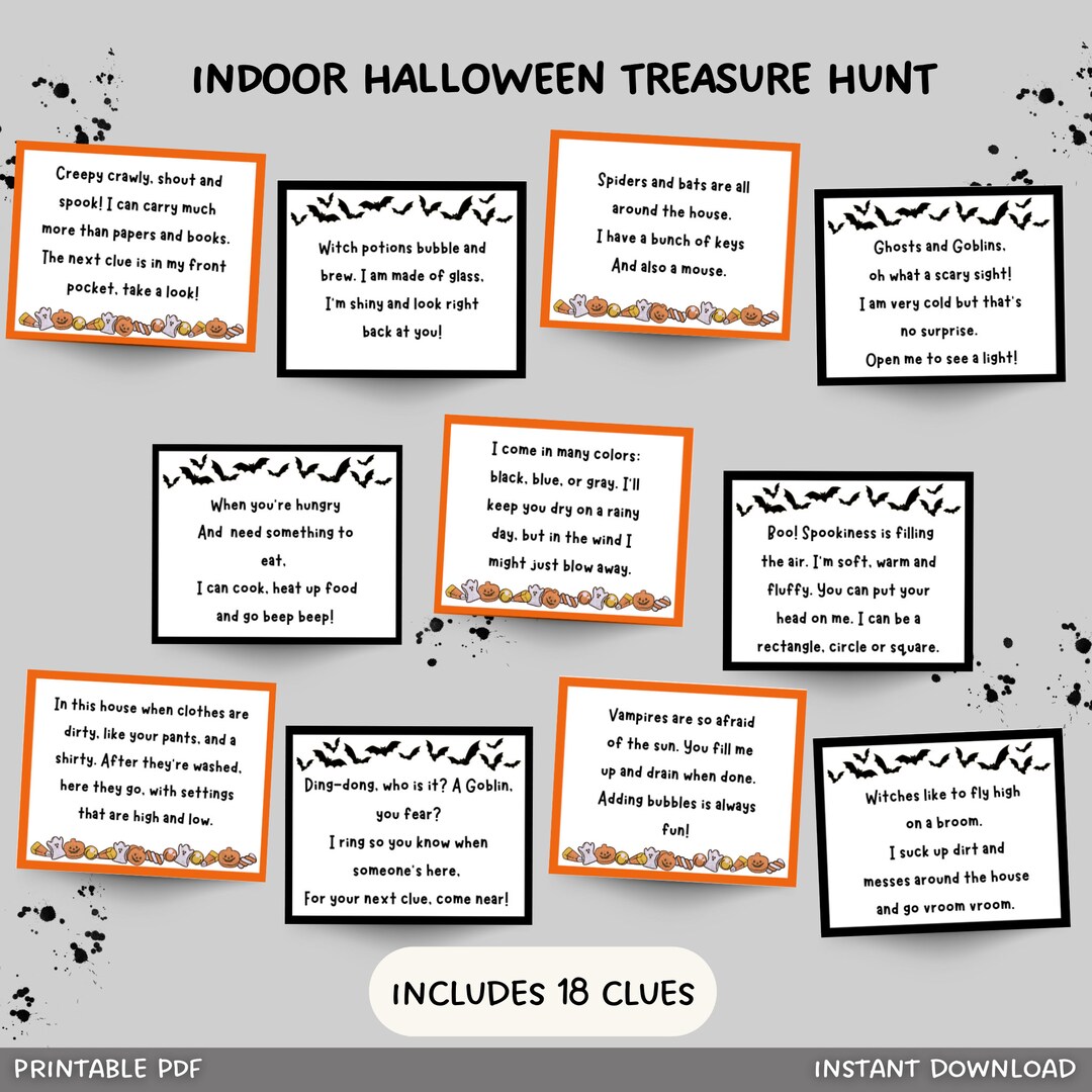 Indoor Halloween Treasure Hunt for Kids, Halloween Scavenger Hunt Clues ...