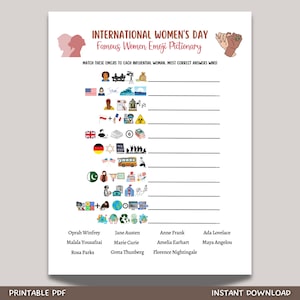 Juego de Pictionary con emojis de mujeres famosas para imprimir en el Día Internacional de la Mujer, Trivia para fiestas del Mes de la Historia de la Mujer, Juego para romper el hielo, Actividad feminista