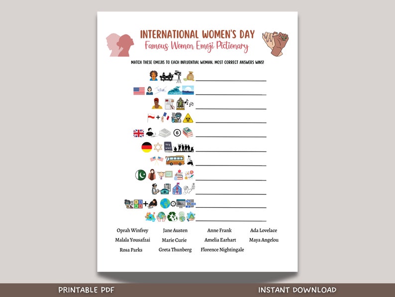 This Womens day famous women emoji pictionary game is printable & an instant download! Its perfect to celebrate, support & encourage women, can be played with friends, family, coworkers, students, works great for womens retreats & womens day parties