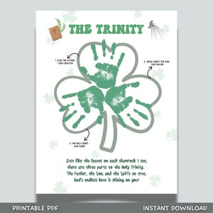 May include: Printable PDF worksheet featuring a shamrock with three leaves, each representing a part of the Holy Trinity: God the Father, Jesus Christ the Son, and the Holy Spirit. The text reads "Just like the leaves on each shamrock I see, there are three parts to the Holy Trinity. The Father, the Son, and the Spirit so true, God's endless love is shining on you!"